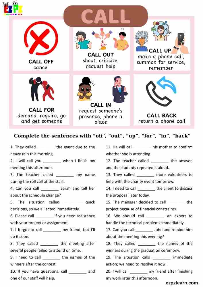 20 Sentences Using “Call” Phrasal Verbs | ESL Grammar Worksheet | Free PDF